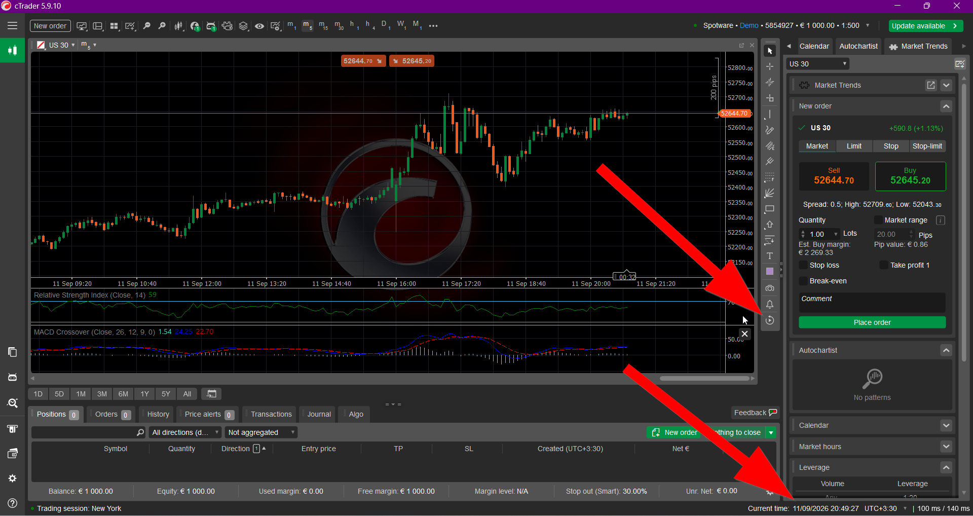 برای بزرگنمایی کلیک کنید محل آیکن Market Replay در پایین نوار ابزار سمت راست و گزینه تغییر ساعت Local Time در پایین cTrader